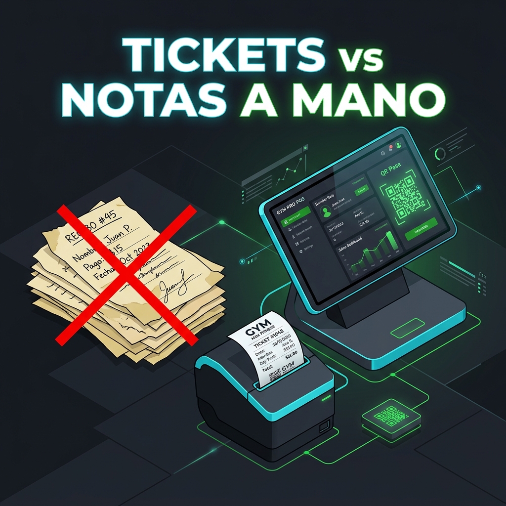 Comparativa entre un ticket térmico impreso profesionalmente y notas de remisión escritas a mano en un gimnasio