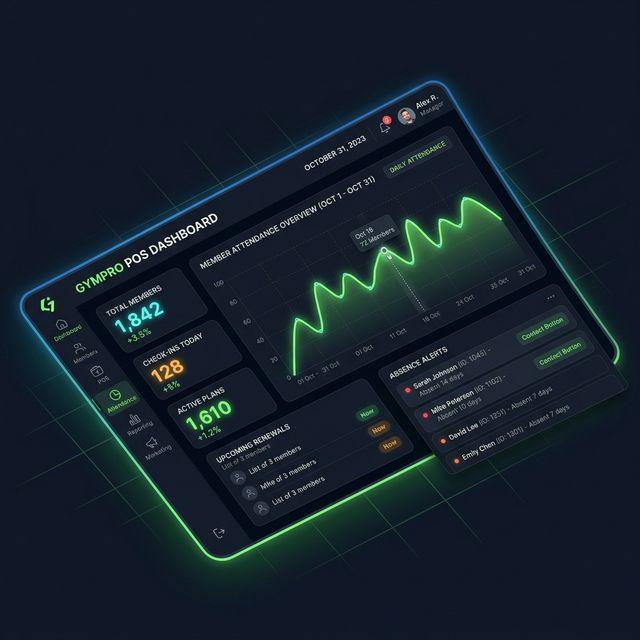 Sistema para gimnasios mostrando métricas de inasistencia en un dashboard interactivo de Thanos Punto de Venta